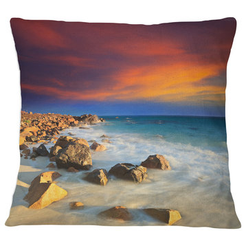 Beach with Stones on Foreground Seascape Throw Pillow, 18"x18"