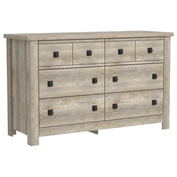 Farmhouse Dresser, MDF Frame & 6 Large Drawers With Round Knobs, Driftwood Gray, Driftwood Oak