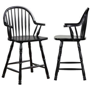 Sunset Trading 24" Windsor Wood Barstools with Arms in Antique Black (Set of 2)