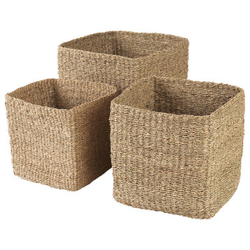 Copenhagen Medium Brown Square Twisted Seagrass Square Baskets, 3-Piece Set