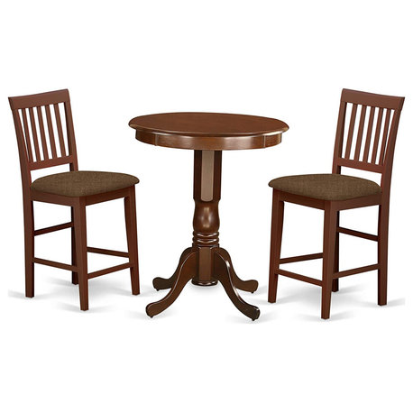 3 Piece Solid Wood Counter Height Dining Set with Round Table and Padded Chairs, Mahogany/Polyester