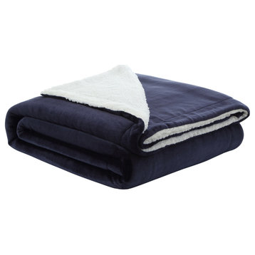Amarey Flannel Reversible Sherpa Throw Blanket, Navy, 90"x90"