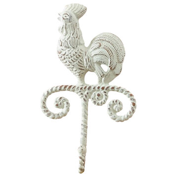 Rooster 10 Inch Metal Wall Hook Antiqued White Distressed Rustic