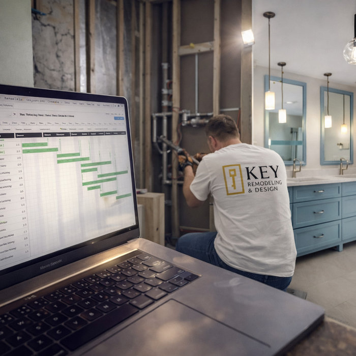 Bathroom remodel in progress, hands-on craftsmanship paired with real-time project planning by Key Remodeling & Design.