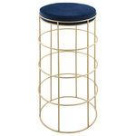 Meridian Furniture - Rebar Velvet Upholstered Bar Stool, Navy, Bar Height - Looking to add industrial sleekness to your home kitchen or bar? This Rebar velvet bar stool fits the bill. This lovely stool is minimalist by design but offers a big style punch with its rich brushed gold finish and its plump seat cushion covered in navy velvet. The metal construction ensures that this stool is a long-lasting addition to your home kitchen or bar area.