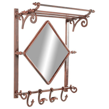 Copper Bathroom Wall Rack with Hooks and Mirror, 25" x 28"