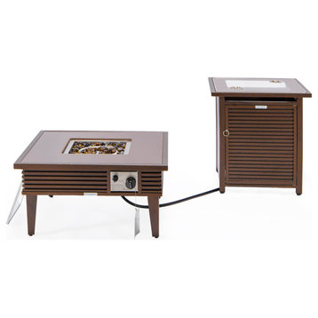 LeisureMod Walbrooke Square Fire Pit Table and Tank Holder With Slats, Brown