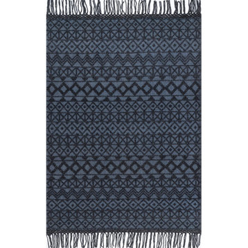nuLOOM Hand Woven Wool Cotton Kristine Tassel Area Rug, Black, 8'6"x11'6"