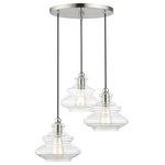 Livex Lighting Inc. - 3 Light Brushed Nickel Pendant Chandelier, Chrome Finish Accents - The Everett three light pendant chandelier suspends simply and will adapt well over a kitchen countertop, in the living room, foyer or a dining room. It is shown in a brushed nickel finish with chrome finish accents and hand blown clear art glass.