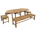 Windsor Teak Furniture - 82" Ext Table/4 Benches Seats 10, Grade A Teak - The Buckingham 82"x 39" Oval Double Leaf Extension Table w/ two 72" Backless Bench and two 18" Backless Benches is one of our best selling sets. Like all our double leaf extension tables, you get 3 different size tables.....82" when opened, 70" with one leaf up, and 58" when closed...and the table is 39" wide. The table comes with unique butterfly pop up leafs that enables you to open or close the table in 15 seconds. The table comes with a cap covered umbrella hole and a built in umbrella base. The Oxford benches are very comfortable with a contoured seat. Some assembly on table and bench.