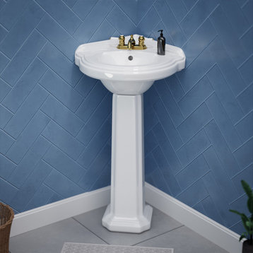 Corner Bathroom Pedestal Sink White 22" Small with Overflow and Faucet Holes