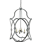 Currey & Company - Charisma Lantern, Large - This exquisite work of wrought iron twists and turns to deliver a lithesome shape treated to a lovely French black finish. Where the arcing ovals meet, tiny diamond shapes bring added charm to the four-light fixture. The Charisma Large lantern, which measures 30" round by 47" high, also comes in a smaller version, both of which bring classic Italian flair into interiors.