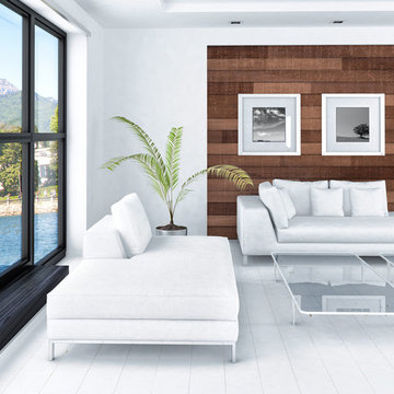 Modern & Asian Inspired Living Room with Rustic Barn wood Accent Wall