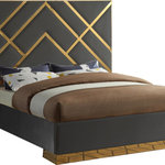 Meridian Furniture - Vector Upholstered Bed, Gray, King, Velvet - Take your bedroom space to a whole new modern level with this Vector grey velvet king bed. Posh velvet upholstery in a lovely grey color is intersected by polished gold metal in a geometric design that is nothing short of spectacular. This stunning bed has a gold metal base to finish off the presentation on a glamorous and upscale note. Full slats are included with the bed to help provide support for your mattress, and the platform footprint ensures you need no box springs or foundation to recreate this look at home.
