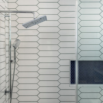 White Picket Shower with Blue Penny Tile Niche in San Marcos Bathroom Remodel