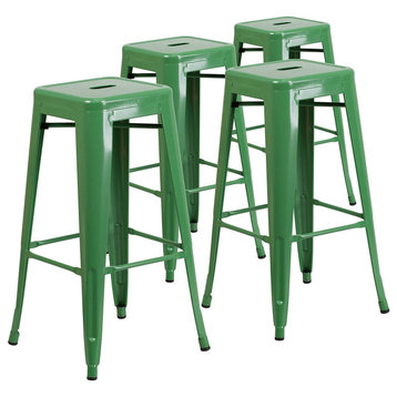 Set of 4 Stackable Bar Stool, Backless Metal Seat, Green
