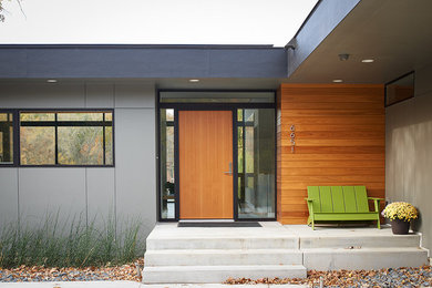 Design ideas for a contemporary front door in Minneapolis with a single front door and a medium wood front door.