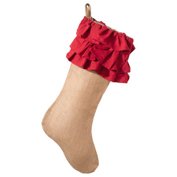Holiday Décor Ruffle Design Jute Christmas Stocking, Red/Natural