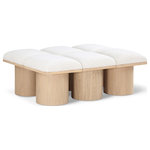 Meridian Furniture - Pavilion Black Boucle Fabric Bench, Cream, Natural Finish, 46.5" W X 36" D X 17.5" H - Bring valuable seating and remarkable style to your space with this cream Pavilion boucle fabric bench, an exquisite balance of style and usability for the entryway, bedroom, and beyond. Crafted from oak veneer with a natural finish, this bench has a 4-inch-thick seat cushion that's channel-tufted for a touch of luxury. The bench's columnar bases add a dash of art deco design, making it a captivating focal point in any room.