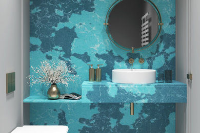 Inspiration for a coastal single-sink bathroom remodel in Other with blue cabinets and blue countertops