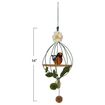 Wool Felt Bird Cage Mobile With Bird, Flower and Pom Poms