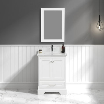Bath Vanity, Marble Top, White, 24'' With Sink, Mirror