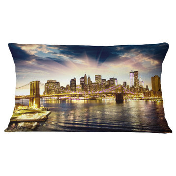 Brooklyn Bridge And Manhattan Skyline Cityscape Throw Pillow, 12"x20"