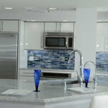 Blue Glass Tile and Marble Kitchen Remodel - designed by Bill Feinberg