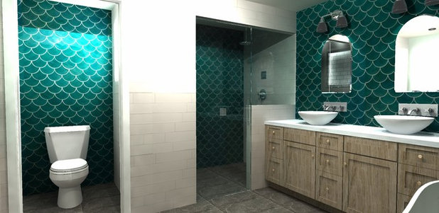 Rendering Green Fish-scale and a New Layout Tile Boost a Once-Pink Bathroom