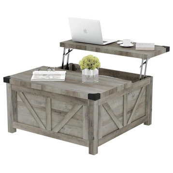 Farmhouse Square Coffee Table, Split Lift Up Top & Side Charging Station, Gray