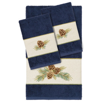Linum Home Turkish Cotton Pierre 3-Piece Embellished Towel Set, Midnight Blue