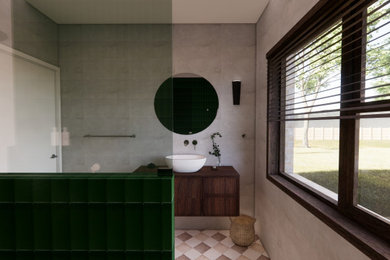 Inspiration for a mid-sized midcentury master bathroom in Other with raised-panel cabinets, dark wood cabinets, an open shower, a one-piece toilet, beige tile, porcelain tile, beige walls, porcelain floors, wood benchtops, multi-coloured floor, an open shower, brown benchtops, a niche, a single vanity and a floating vanity.