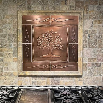 Bedford NH Travertine and copper tile backsplash