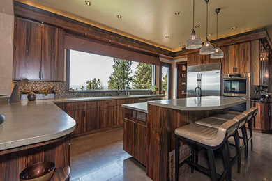 Inspiration for a large contemporary u-shaped ceramic tile and gray floor eat-in kitchen remodel in Other with an undermount sink, flat-panel cabinets, medium tone wood cabinets, concrete countertops, multicolored backsplash, stainless steel appliances and an island