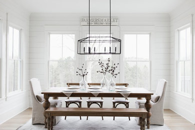 Inspiration for a country dining room in Atlanta with white walls, light hardwood floors and no fireplace.