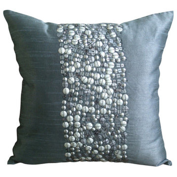 Gray 3D Sequins & Beaded 26"x26" Silk Euro Sham Covers, Silver Bullets