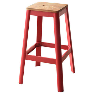 Wood Seat Backless Barstool, Natural and Red