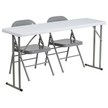 5-Foot Plastic Folding Training Table Set with 2 Gray Metal Folding Chairs