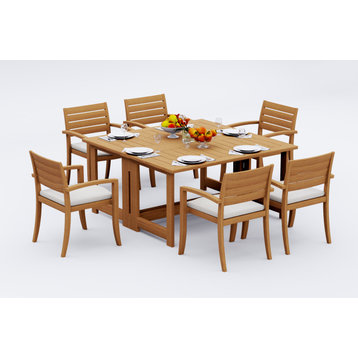 7-Piece Outdoor Teak Set: 60" Square Butterfly Table, 6 Trav Stacking Arm Chair
