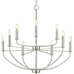 Progress Lighting - Leyden 9-Light Farmhouse Chandelier Light, Brushed Nickel - Complement your interiors with the Leyden Collection 9-Light Brushed Nickel Farmhouse Chandelier Light. The sweeping arms and candlestick light bases are coated in a beautiful brushed nickel finish. Light sources glow from atop the smooth light bases for graceful illumination. For ideal illumination, use 9 candelabra base bulbs that are sold separately (60w max - LED/CFL/incandescent). The chandelier is compatible with dimmable bulbs.