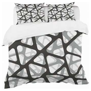 Black and Gray Triangular 3D of Mesh Mid-Century Duvet Cover, Queen