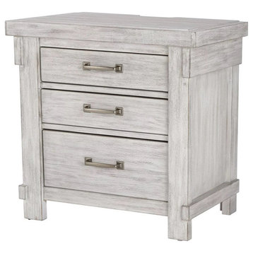 Modern Farmhouse Nightstand, 3 Large Drawers & Charging Station, Textured White
