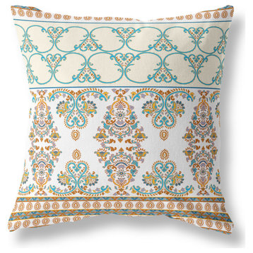 Nandini Flowers Suede Blown and Closed Pillow With Insert, Orange/Teal