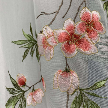 QYHL226J Silver Beach Embroidered Peach Blossom Faux Silk Custom Made Curtains