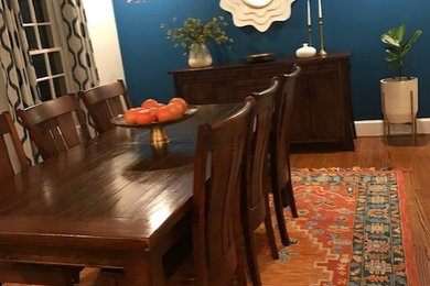 Example of a mid-sized eclectic light wood floor and brown floor dining room design in Richmond with multicolored walls