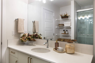 Large trendy 3/4 white tile and ceramic tile single-sink bathroom photo in Calgary with quartz countertops, white countertops and a built-in vanity