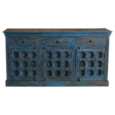 Consigned Rustic Credenza Carved Farmhouse Sideboard Antique Doors Cabinet