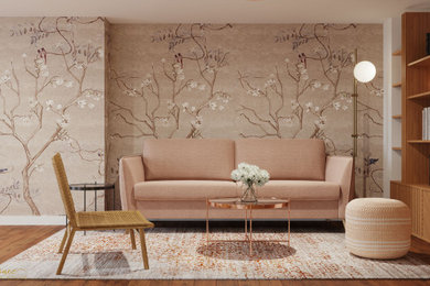 Esempio di un soggiorno scandinavo con pareti beige e pavimento in legno massello medio