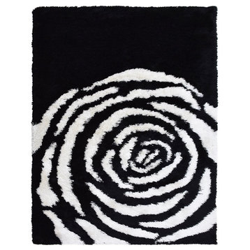 Hand Tufted Shag Polyester Area Rug Floral Black White, [Rectangle] 5'x8'