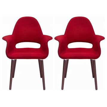 Fabric With Arms Organic Dining Chairs Armchairs Dark Brown Wooden Legs Set of 2, Red